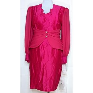 VTG Scott McClintock Fuchsia Shantung Mock 2Pc Jewel Button Puff Sleeve Dress 14